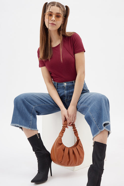 Women Maroon Round Neck Half Sleeves T-Shirt